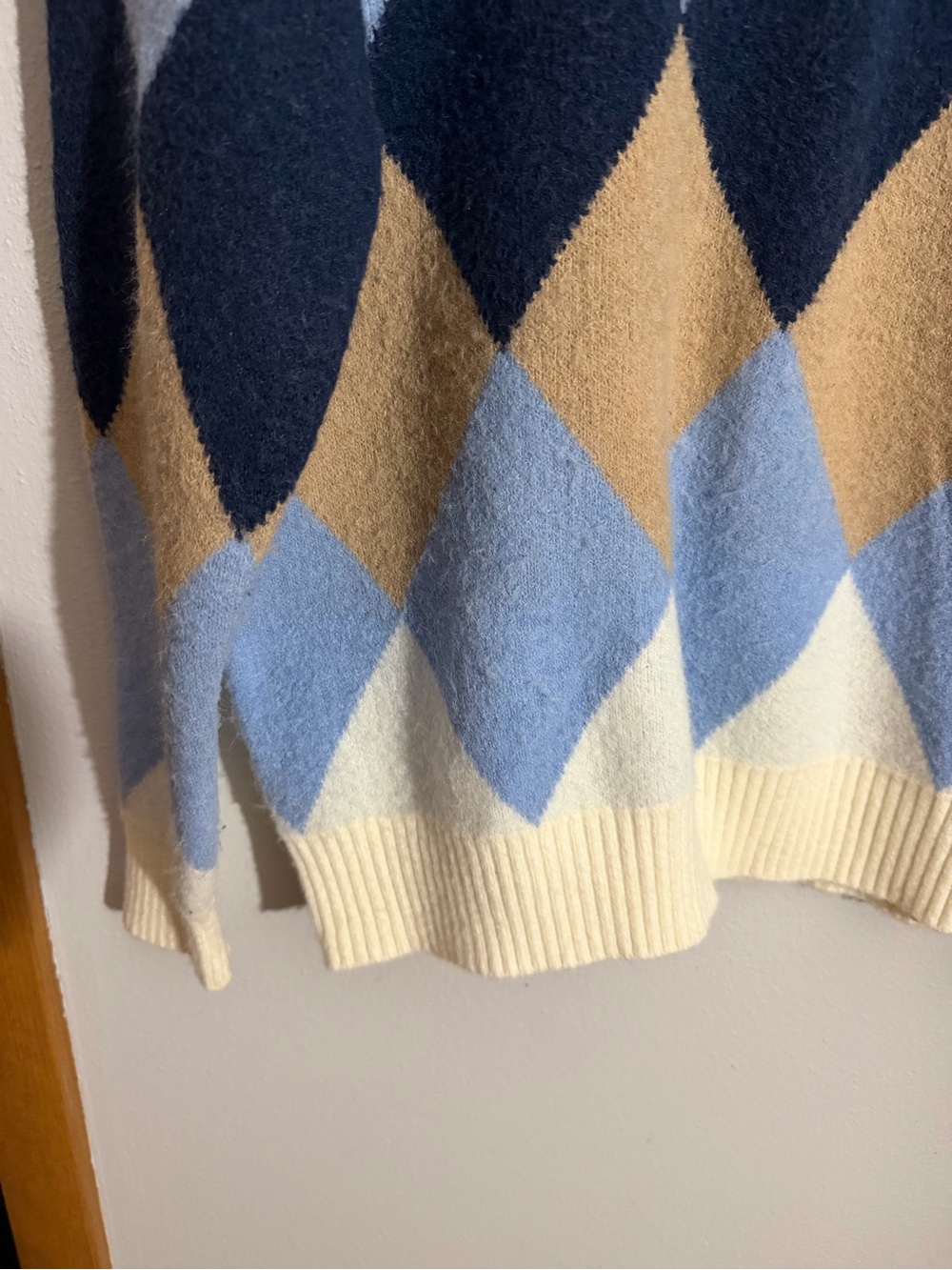 Men's Argyle Crewneck Sweater in Cream, Light Blue & Navy - Picture 3 of 9
